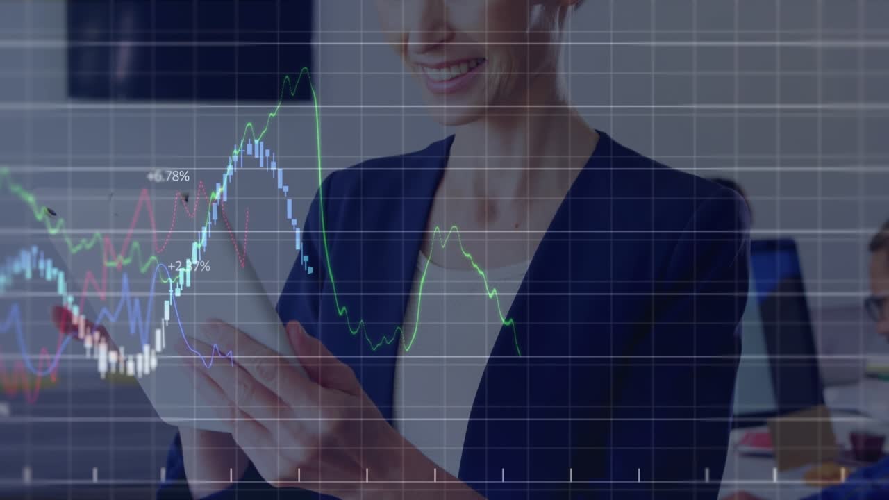 Animazione di elaborazione dati finanziari su un uomo d'affari che utilizza un visore VR