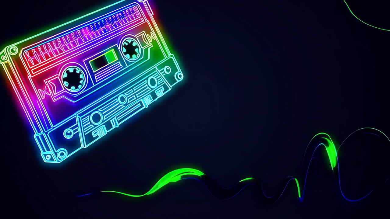Neon Cassette Tape with Glowing Wavy Line on Dark Background