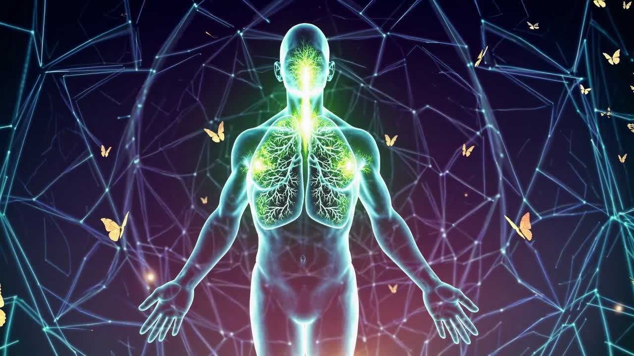 Glowing human anatomical model highlighting the respiratory system, surrounded by golden butterflies and geometric patterns, evokes serenity, spirituality, and cosmic energy