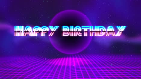 feliz cumpleaños con bola disco morada y cuadrícula en galaxia