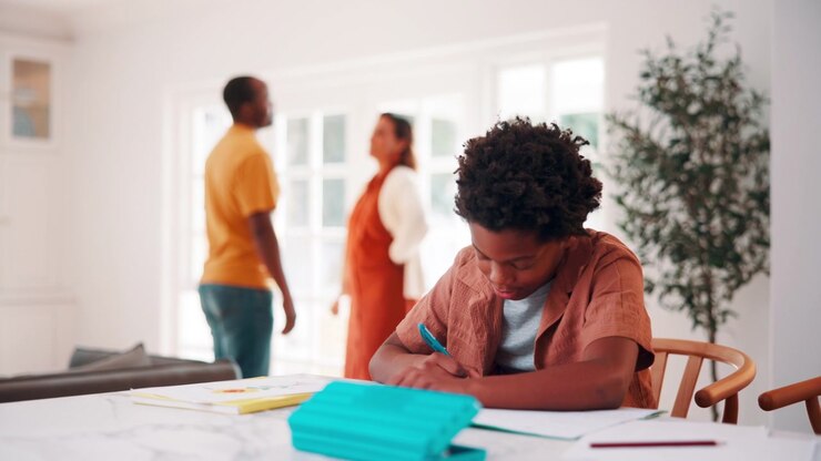 Young Boy Doing Homework While Parents Argue in Background