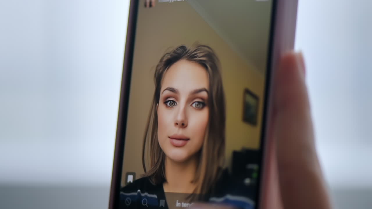Primo piano di una donna che prova una maschera per il viso in un'app di social media su uno smartphone
