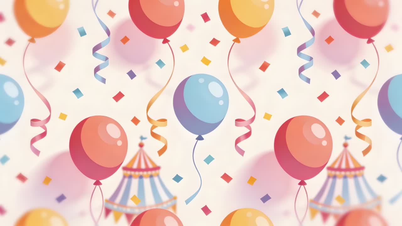 Loop in riproduzione che fa ondeggiare un gruppo di palloncini su uno sfondo di festa pastello, con nastri e coriandoli.