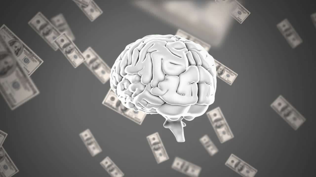cerebro humano con billetes de un dólar en el fondo
