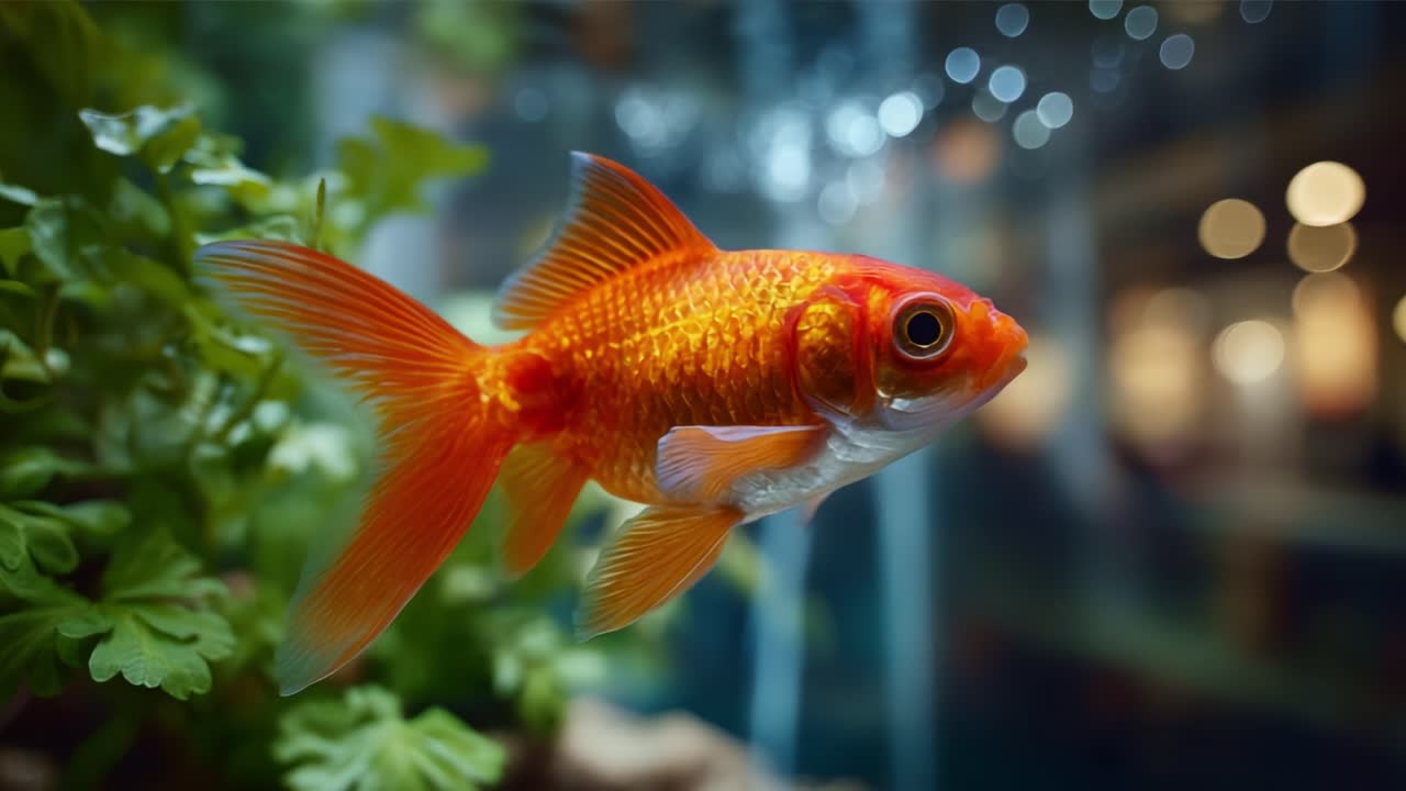 En smuk guldfisk, der svømmer yndefuldt gennem sit akvariumhabitat omgivet af frodige grønne planter og indfanger essensen af undervandsro.