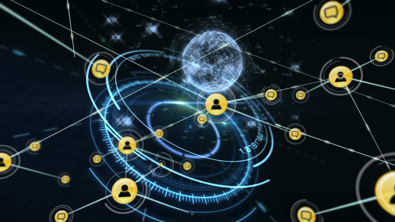 red de iconos digitales contra un globo giratorio sobre un escáner redondo sobre un fondo negro