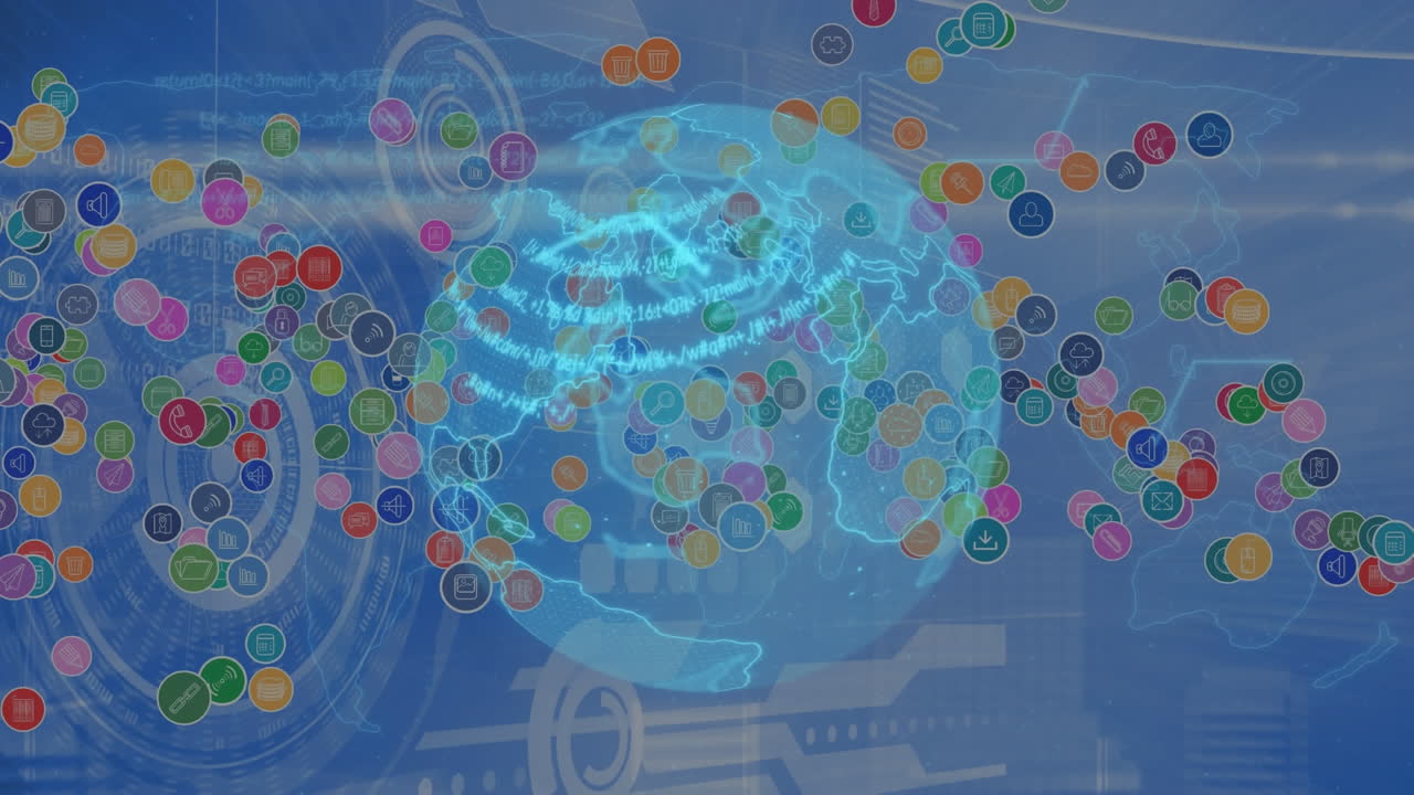 디지털 아이콘의 애니메이션 스 ⁇  스캐닝과 파란색 배경에 지구
