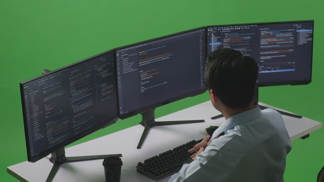 vista lateral de un desarrollador asiático cansado estirándose mientras escribe código con múltiples pantallas de computadora en el estudio de pantalla verde