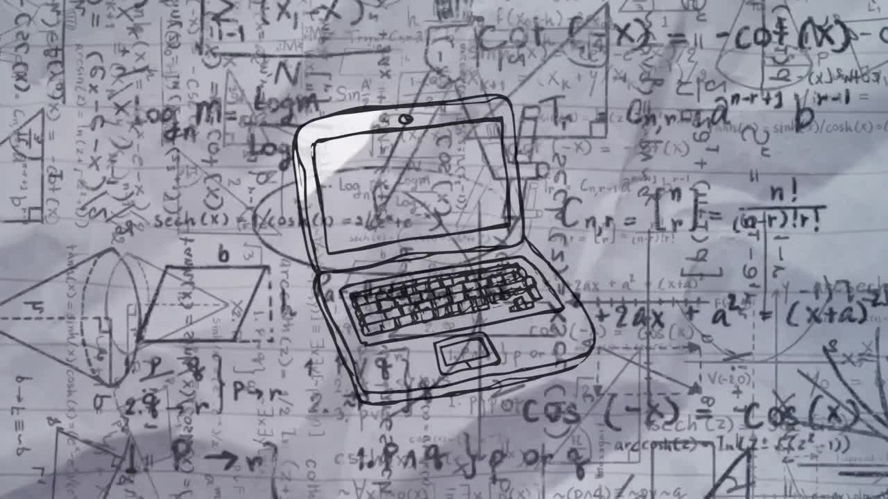 Animation of cartoon laptop over math formulas on white background