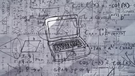 animación de una computadora portátil de dibujos animados sobre fórmulas matemáticas sobre fondo blanco