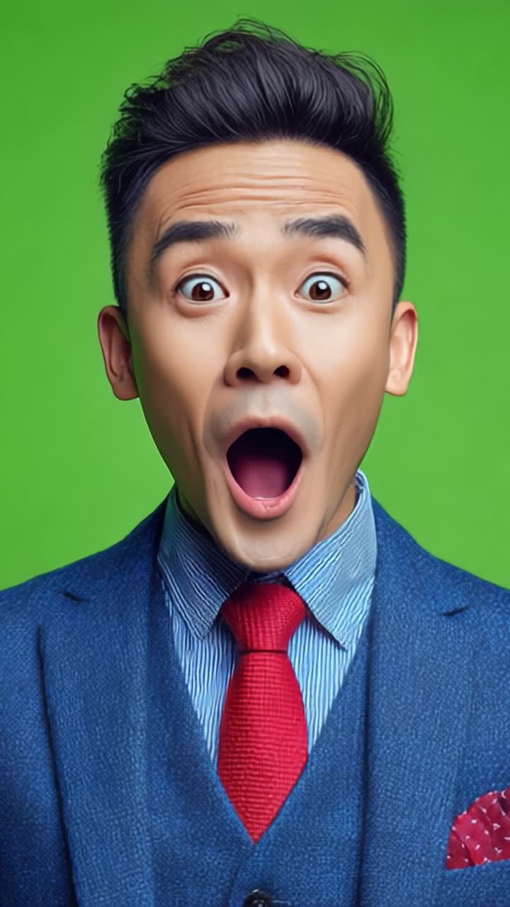 Dallo stupore alla gioia: un viaggio di emozioni catturato in due fotogrammi con un uomo sorridente su uno sfondo verde.