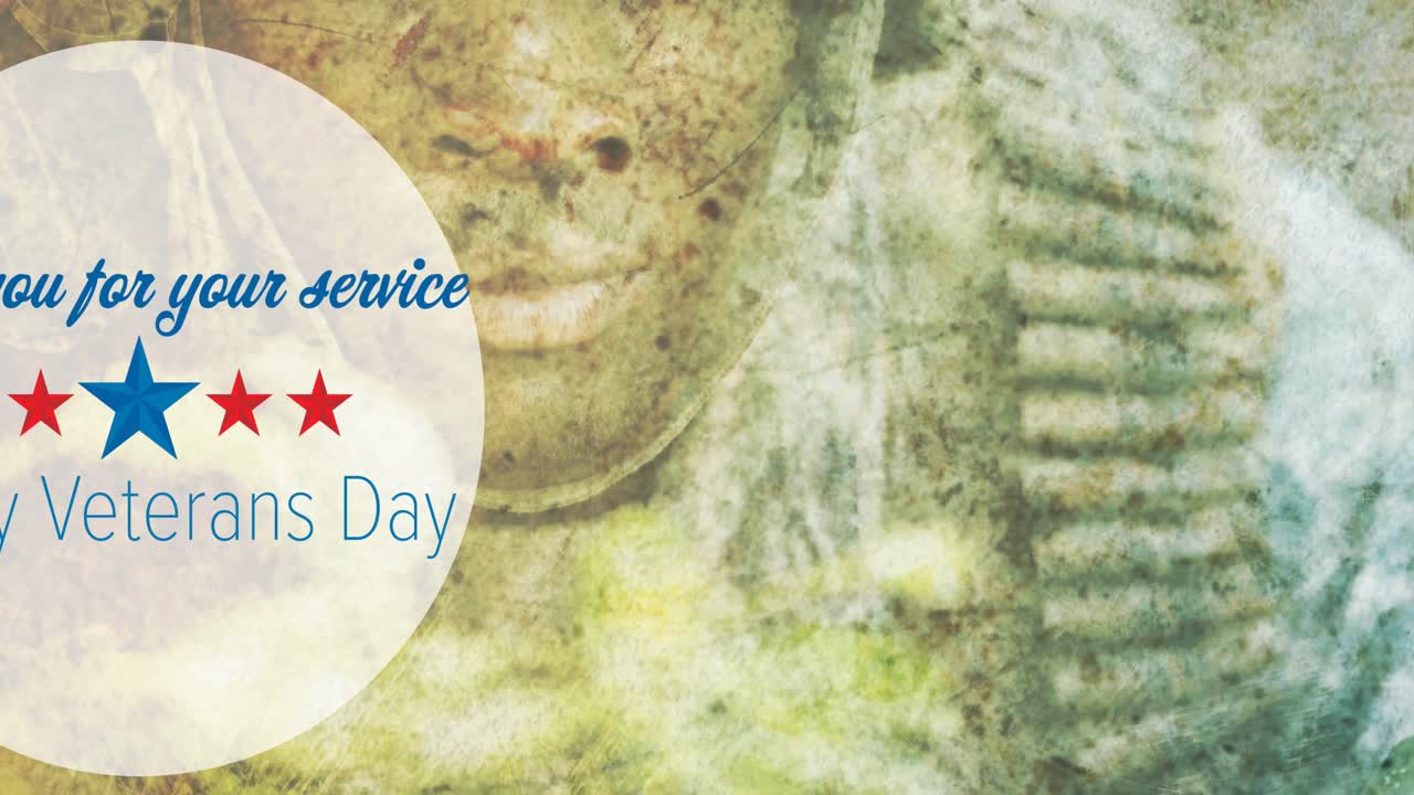 참전용사 날 텍스트의 애니메이션 남성 군인 위로 이동