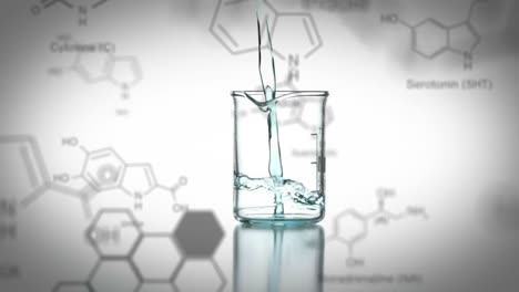 laboratory beaker with data and structural formula of chemical compounds in the foreground