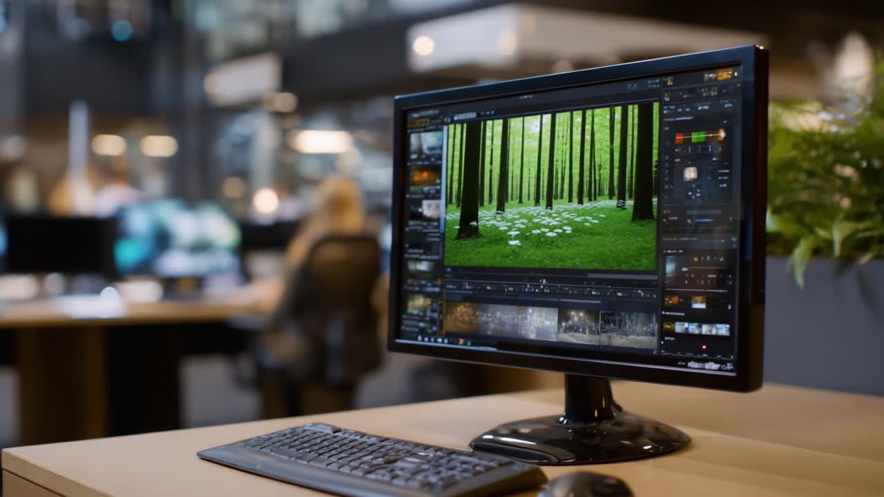 Transformative Editing Journey: A Professional Monitor Captures an Artistic Transition from a Portrait to an Enchanting Forest Landscape in a Modern Workspace