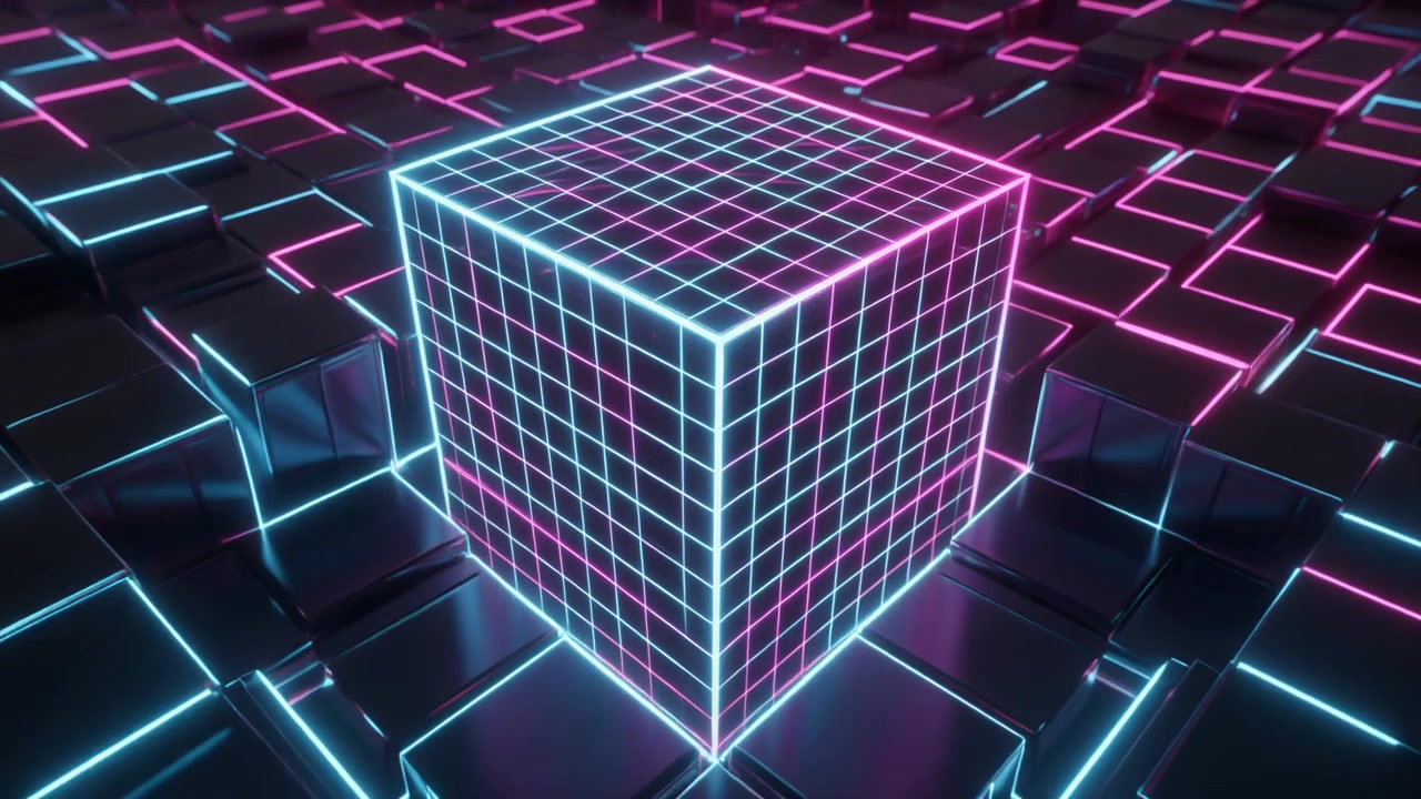 Cubo a griglia al neon luminoso che emerge da una superficie digitale astratta