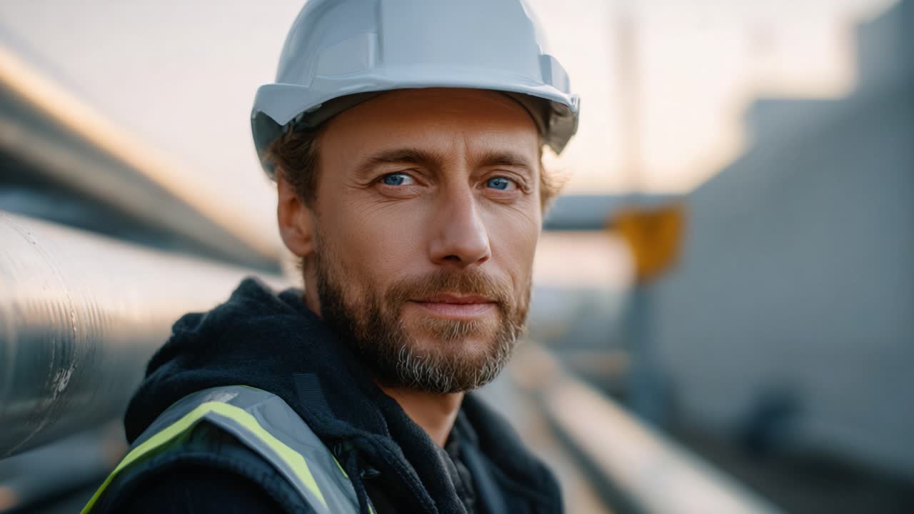 Operaio edile fiducioso, con i suoi dispositivi di sicurezza, riflette sulla giornata trascorsa in cantiere, immortalando un momento di determinazione e professionalità nel settore.