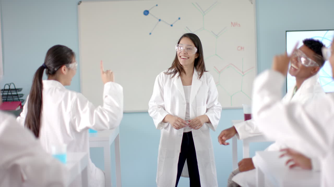 Diverse students engage in a chemistry experiment at high school science class
