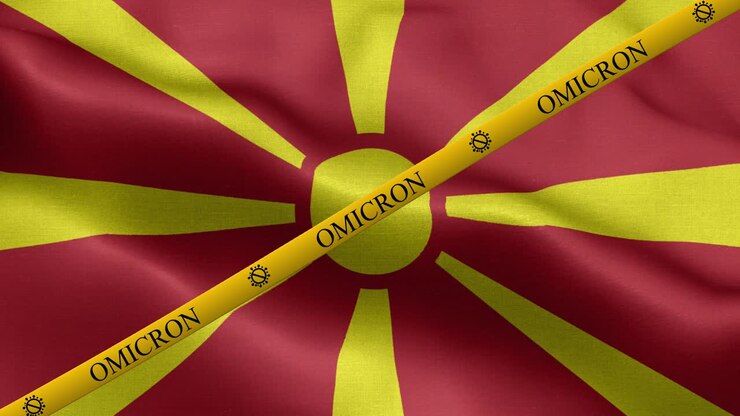 Variante Omicron e striscia di divieto sulla bandiera della Macedonia - Bandiera della Macedonia