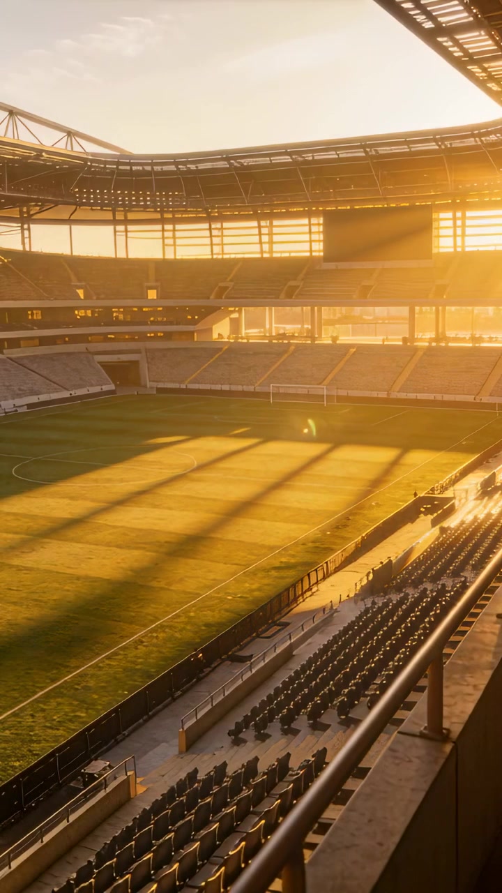 Video verticale: Telecamera in panoramica che segue il sole in movimento nello stadio, mostrando un carrello, pali e una ringhiera.