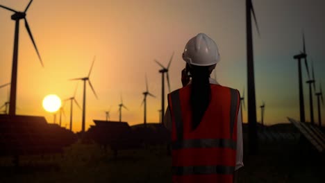 back view of asian female engineer in a helmet standing in front of wind turbines rotating at sunset, talking on smartphone and looking around