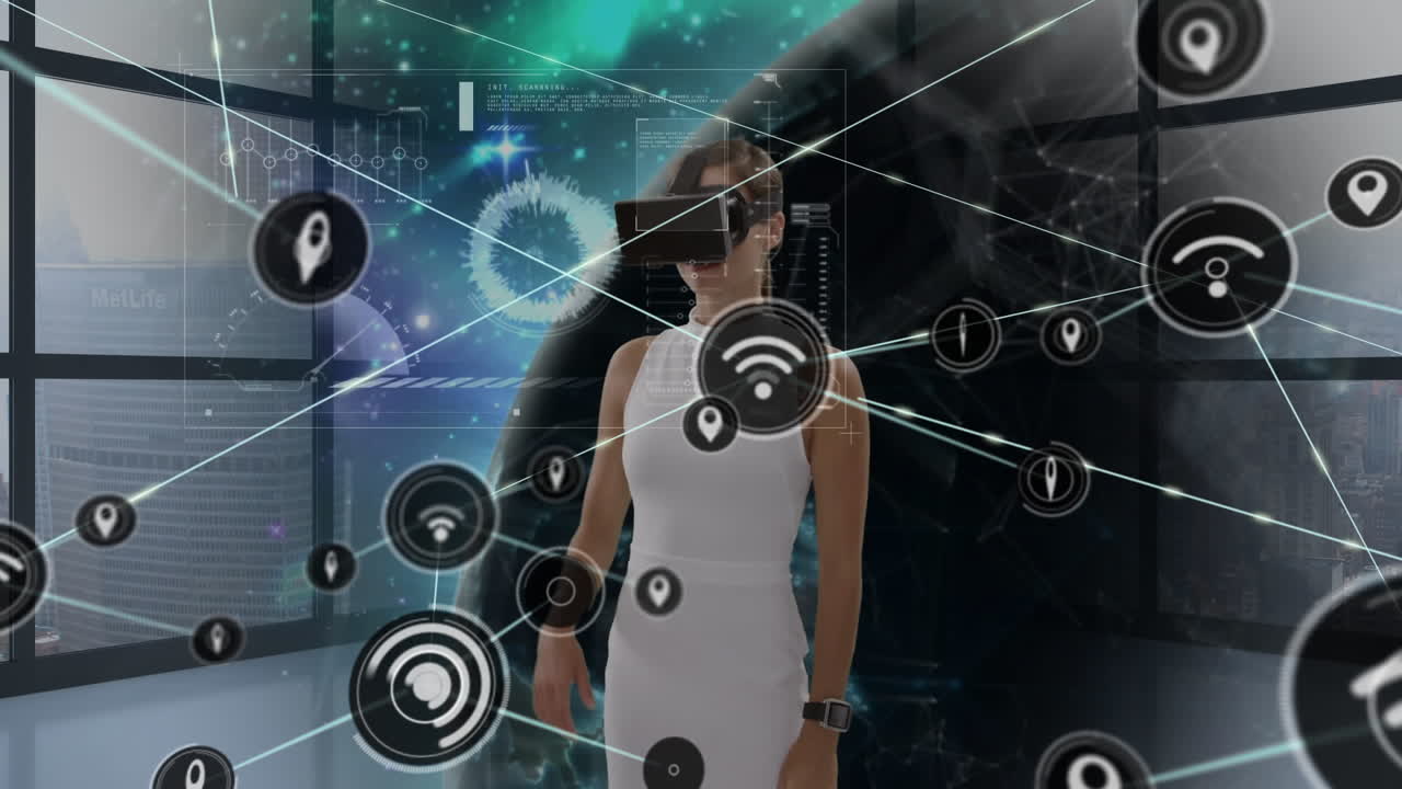 animación de la red de conexiones a través de una mujer de negocios caucásica usando auriculares vr