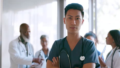 doctor, asian man and serious face portrait