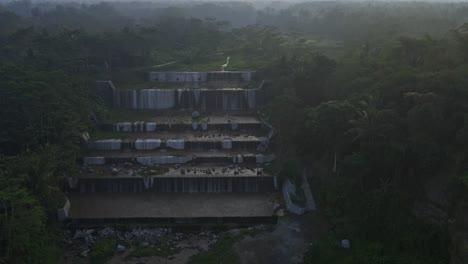 Early-morning-and-magical-waterfall,-aerial-drone-view