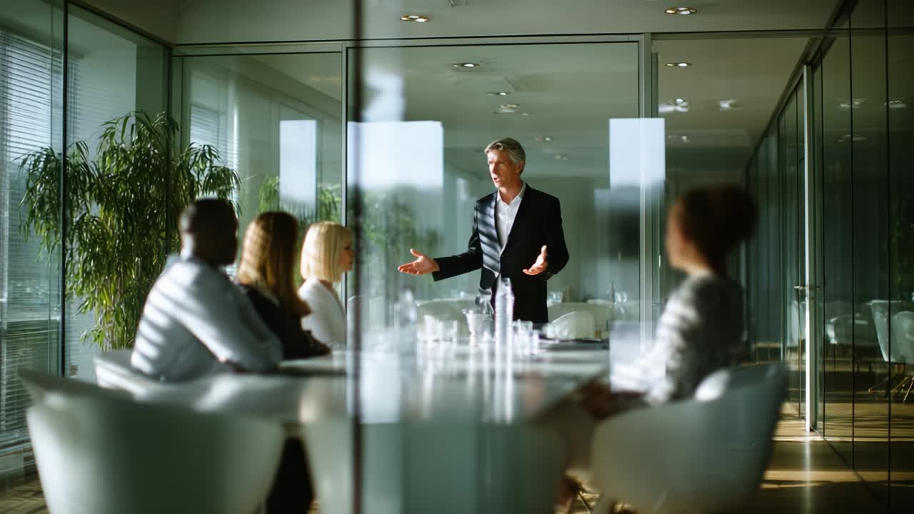 Un leader professionista impegnato in una discussione con un team eterogeneo in una sala conferenze moderna, che sottolinea la collaborazione e la pianificazione strategica in uno spazio di lavoro luminoso, racchiuso in vetro, con partecipanti concentrati