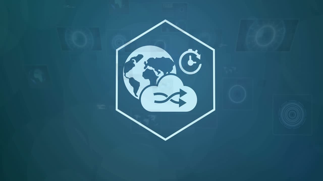 Central hexagon pulsing, camera zooming, icons emerging and aligning into ring to show cloud sync