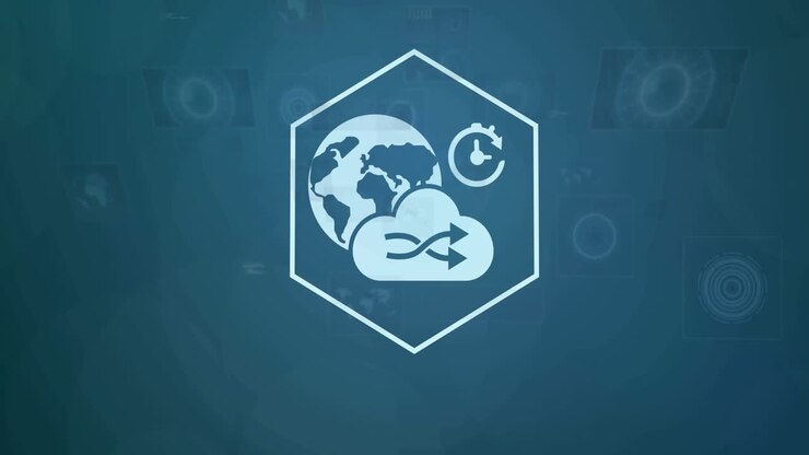 Central hexagon pulsing, camera zooming, icons emerging and aligning into ring to show cloud sync