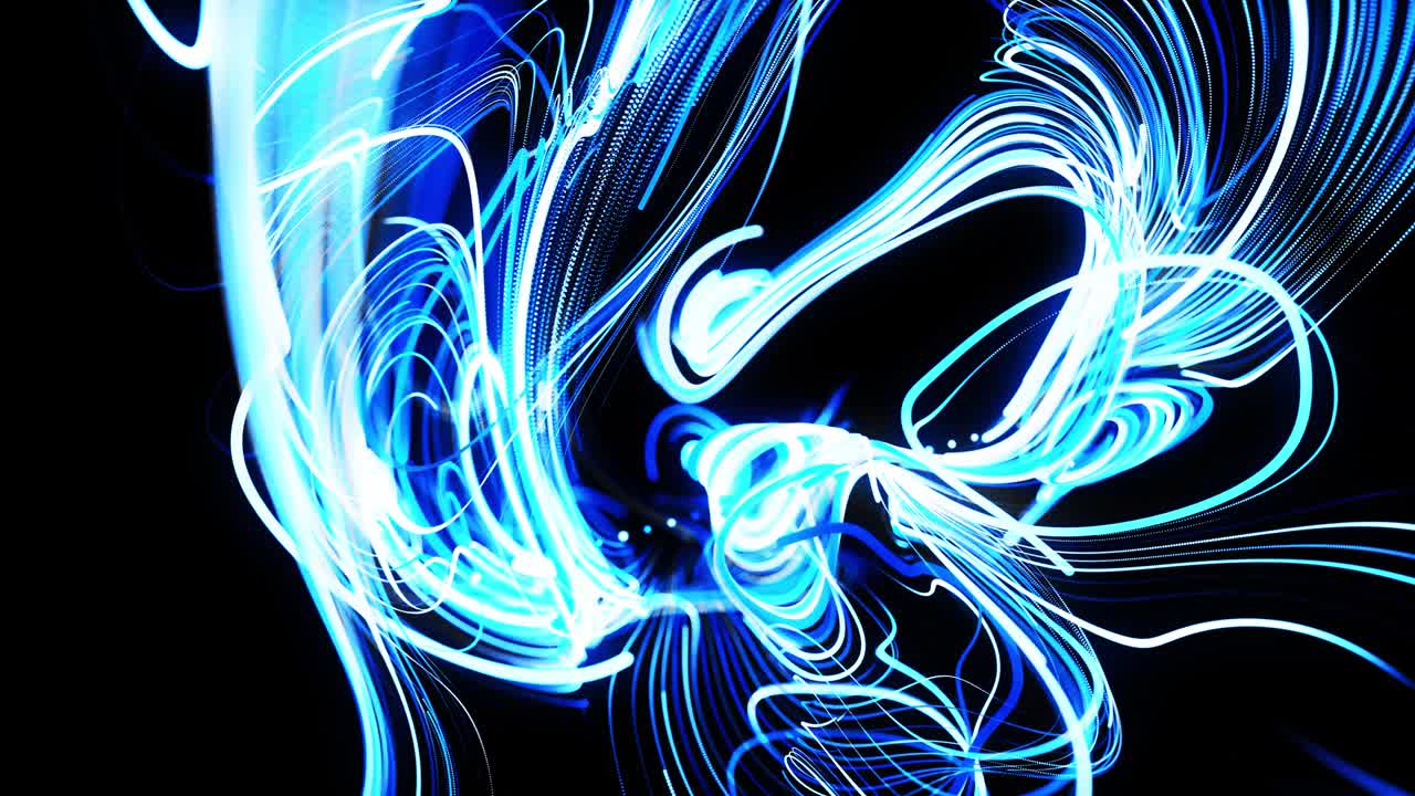 Fast lines of light streaks. Stream of particles forms curled blue lines like glow light trails, lines form swirling pattern like curle noise. Abstract 3d animation as bright creative festive bg
