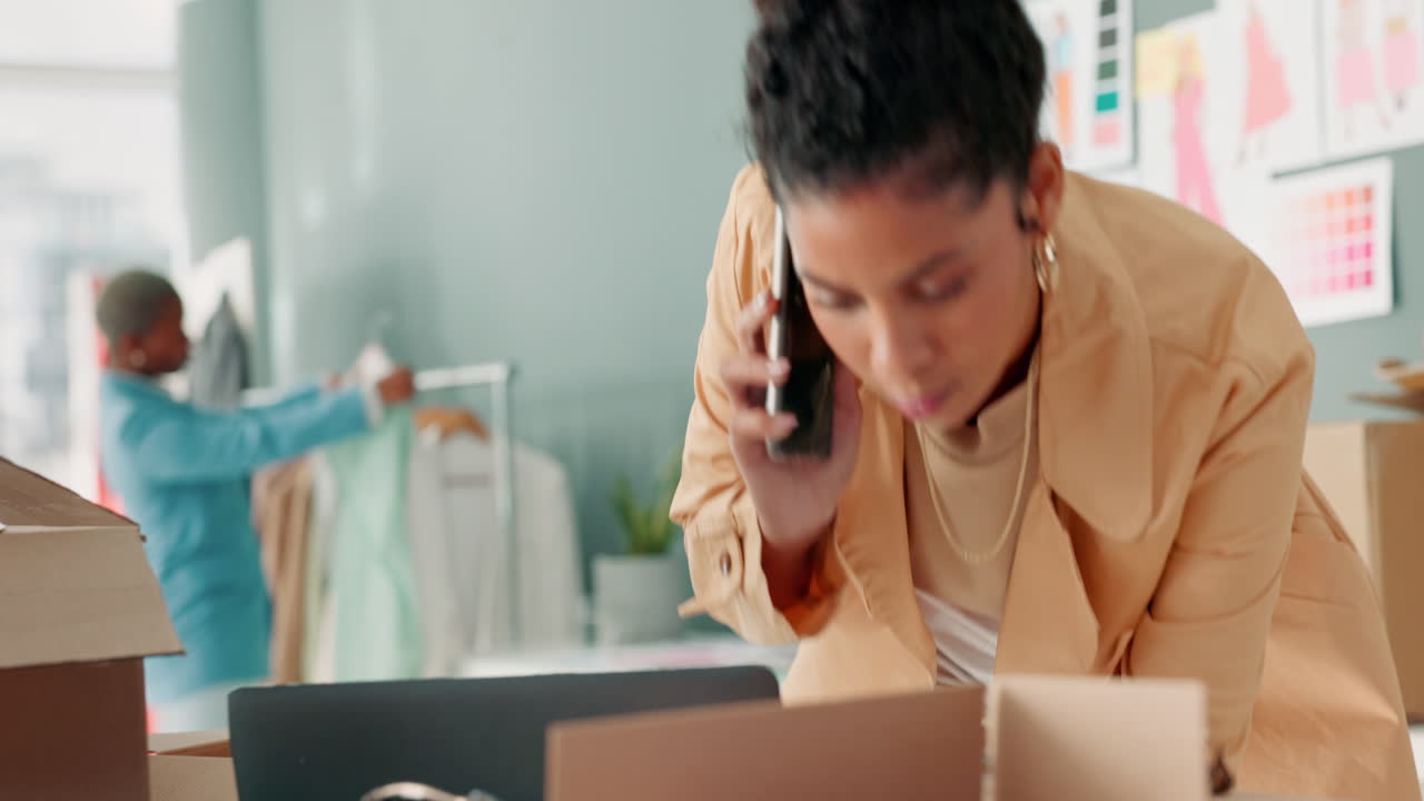 Woman, phone call or shipping boxes for laptop