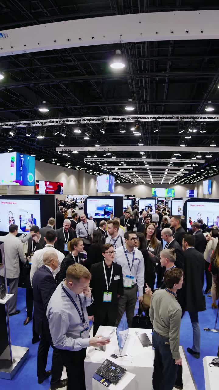High-angle video capture of a bustling trade show floor, showcasing networking and interactions