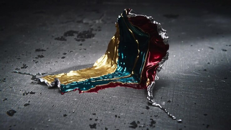 Unfolding glossy black shell revealing gold teal red layers on dark tabletop, edge tear initiating