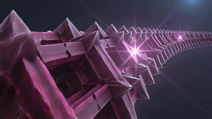 Camera moving along long magenta pyramid-spiked column in dark bluish-gray void, showing wear