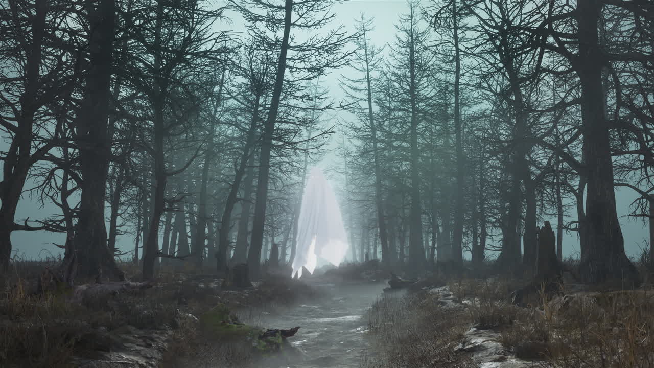 Loop daytime scary forest with flying ghosts