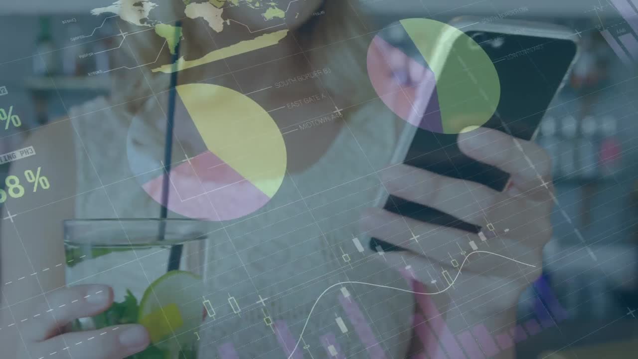 스마트 폰을 사용하는 백인 여성에 대한 금융 데이터 처리 애니메이션