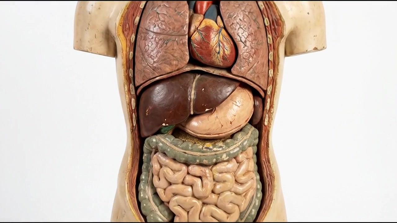Front facing human torso model revealing major chest and abdominal organs