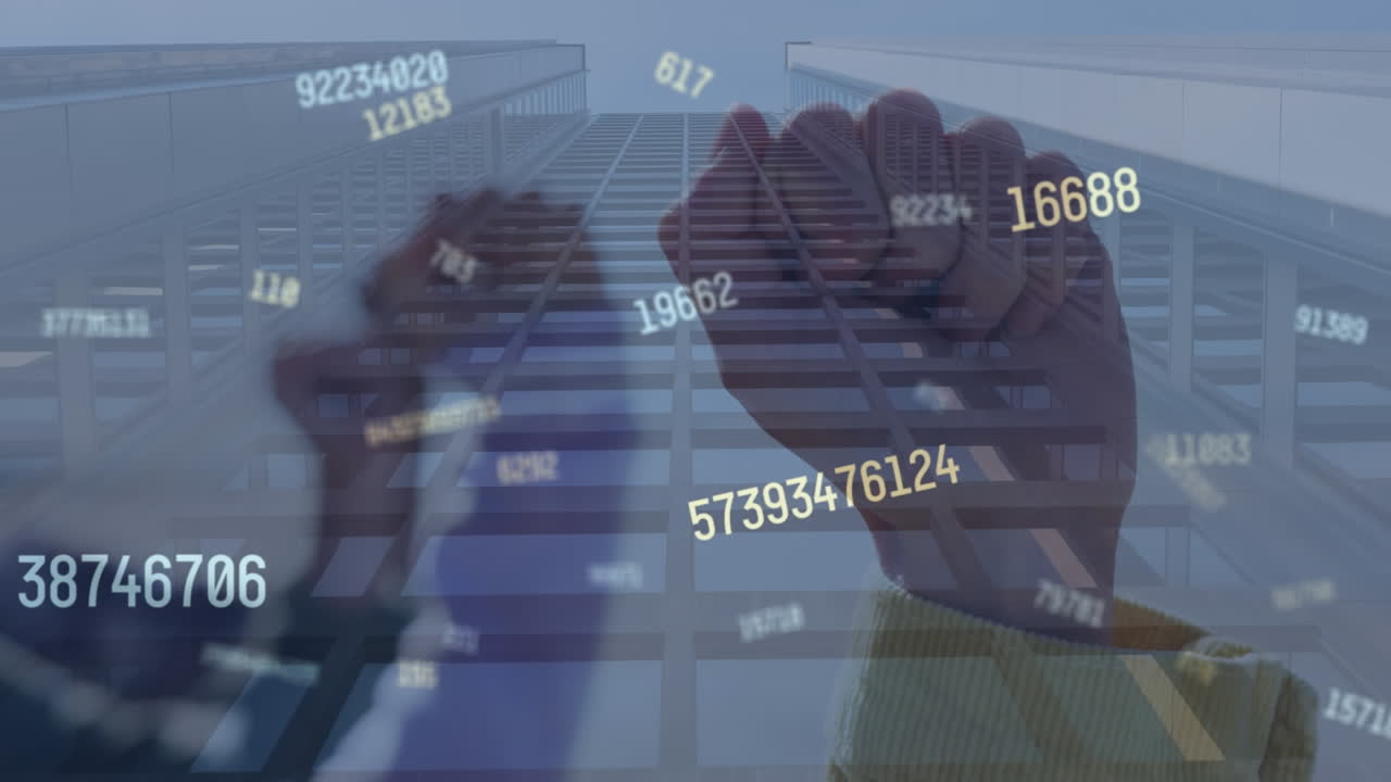 숫자를 처리하는 애니메이션과 현대적인 오피스 빌딩