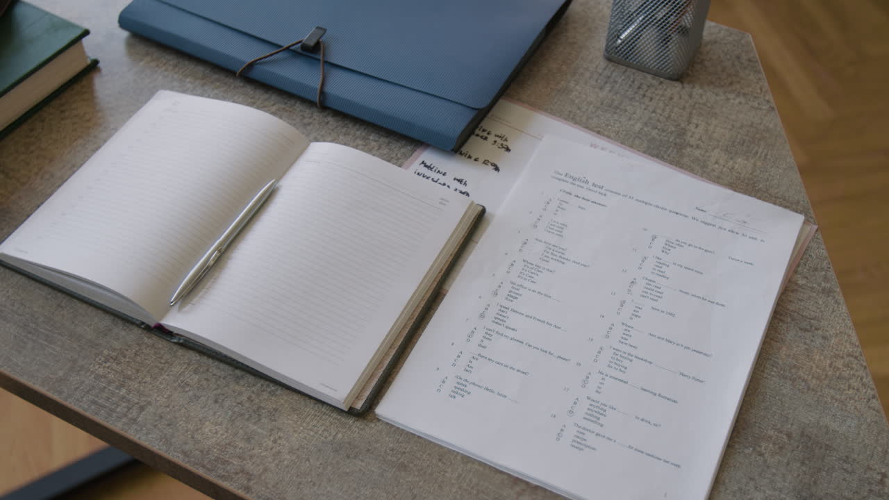English Test Paper and Study Materials on a Desk