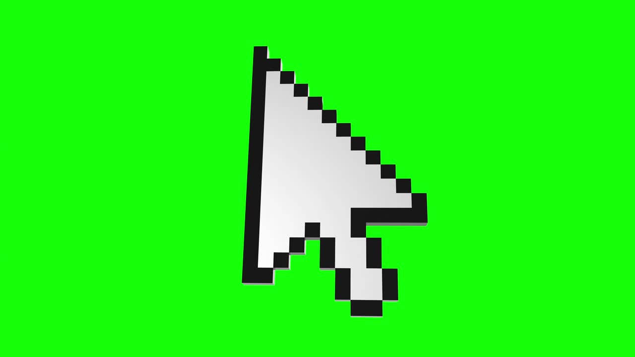 3d model of pixelated white arrow icon on green screen or chroma key.Pointer Isometric logo. Animation