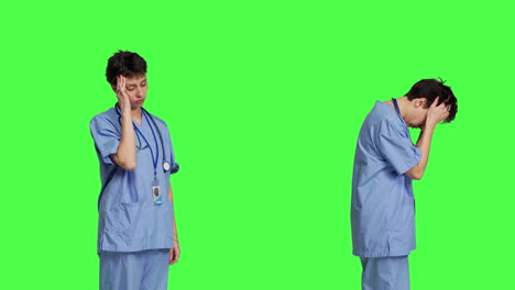 Unwohlsein-Einer-Krankenschwester,-Die-Vor-Einem-Greenscreen-Hintergrund-An-Kopfschmerzen-Leidet