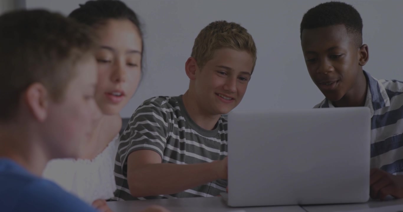 Students opening laptop viewing educational content, spawning social UI filling screen then fading