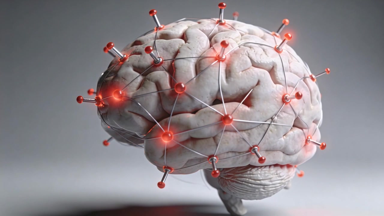 Starting anatomical brain model rotating in gray set, with metal pins thin wires red nodes pulsing