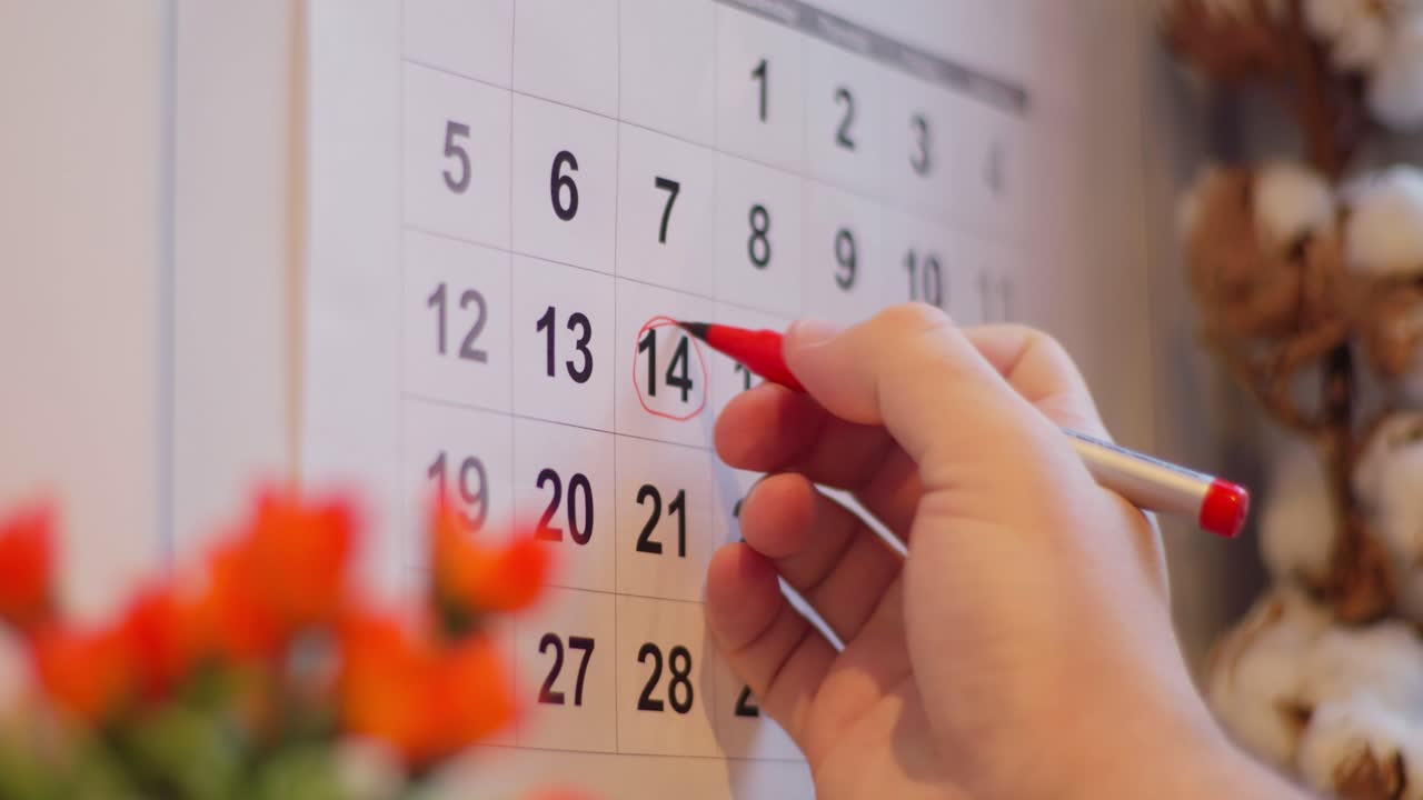 Hånd markerer datoen 14 på en vægkalender med en rød tusch.