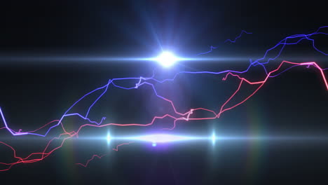 animación de corrientes eléctricas rojas y púrpuras sobre haces blancos de luz luz sobre fondo oscuro