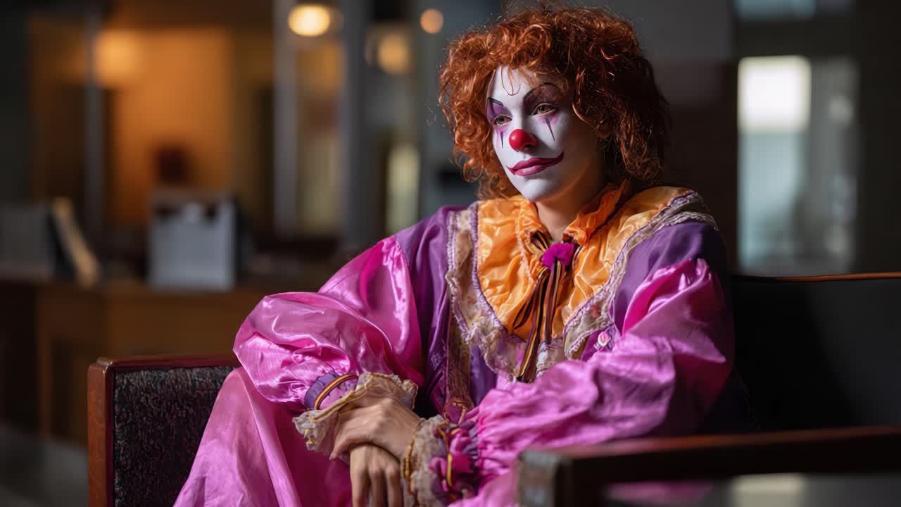 Un clown colorato con un costume eccentrico seduto in una stanza scarsamente illuminata, che enfatizza il contrasto tra l'aspetto allegro e l'atmosfera misteriosa che lo circonda