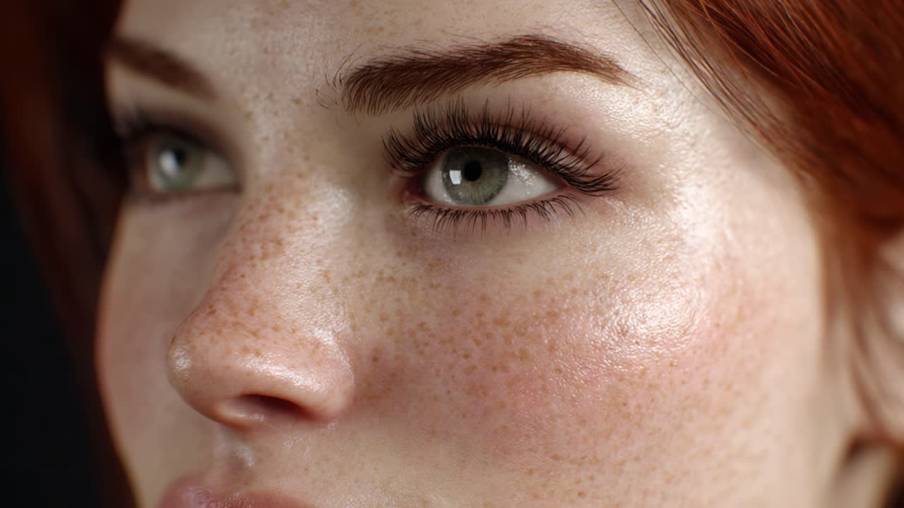 A Captivating Close-Up of a Woman's Freckled Face Highlighting Stunning Natural Beauty and Unique Features with Elegant Eye Makeup