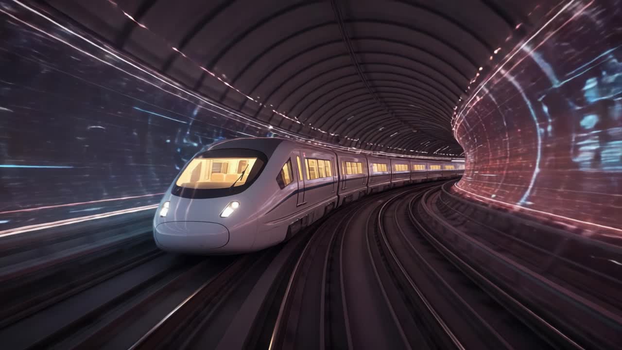 A High-Speed Train Accelerates Through a Futuristic Tunnel with Dynamic Lighting and Digital Elements, Showcasing the Intersection of Technology and Transportation in Motion