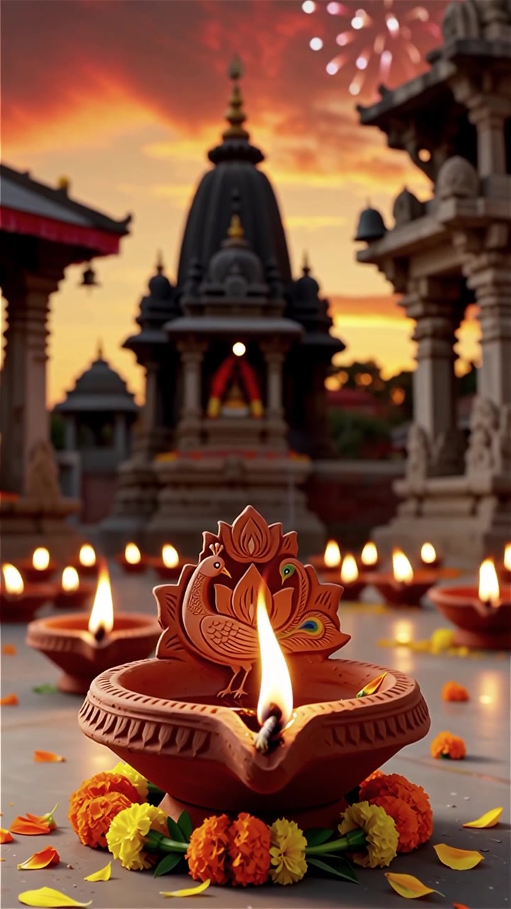 Diwali Festival Baggrund med Lanterner og Traditionelle Diyas-dekorationer